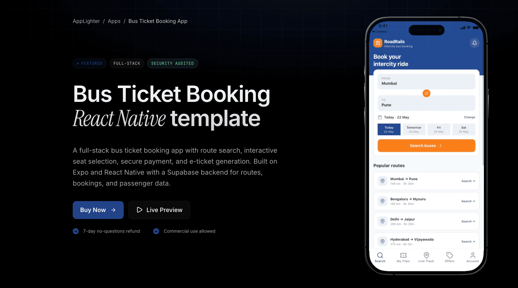 Bus Ticket Booking App — React Native app template preview