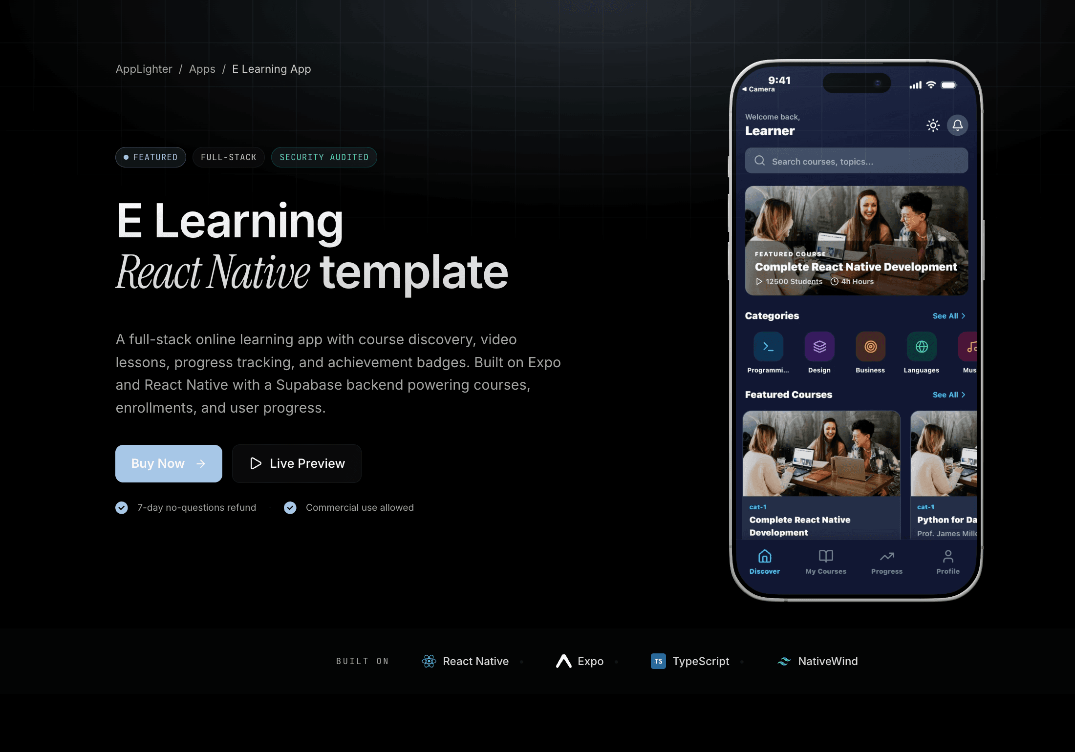 E Learning App — React Native app template preview