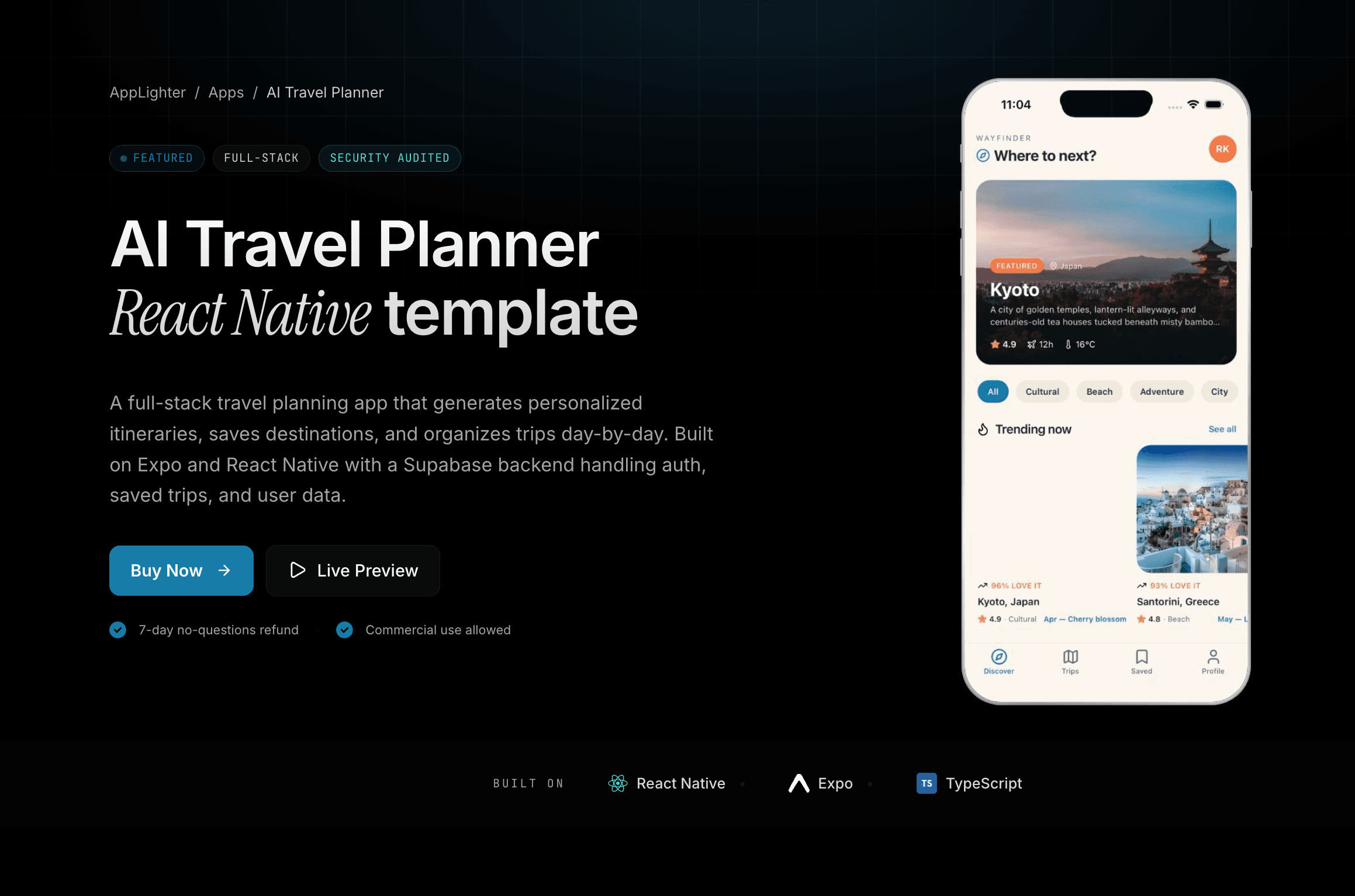 AI Travel Planner — React Native app template preview