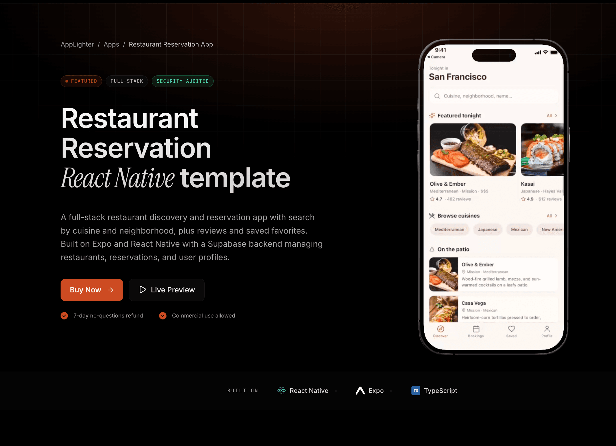 Restaurant Reservation App — React Native app template preview