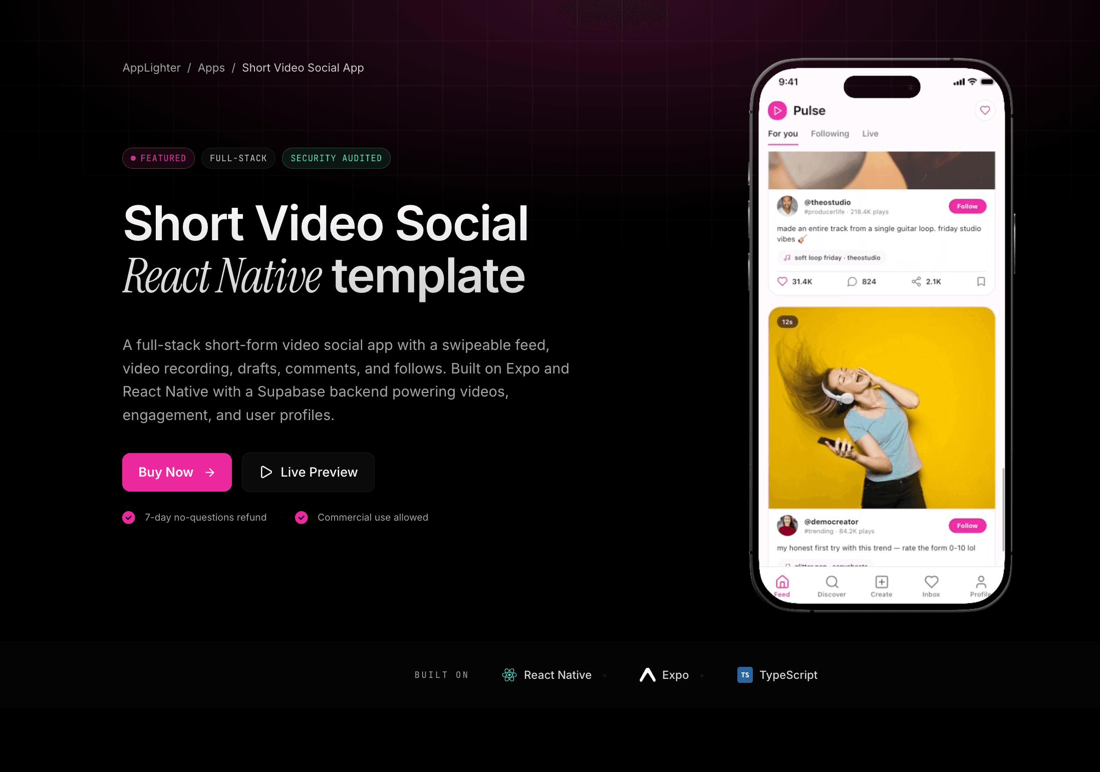 Short Video Social App — React Native app template preview