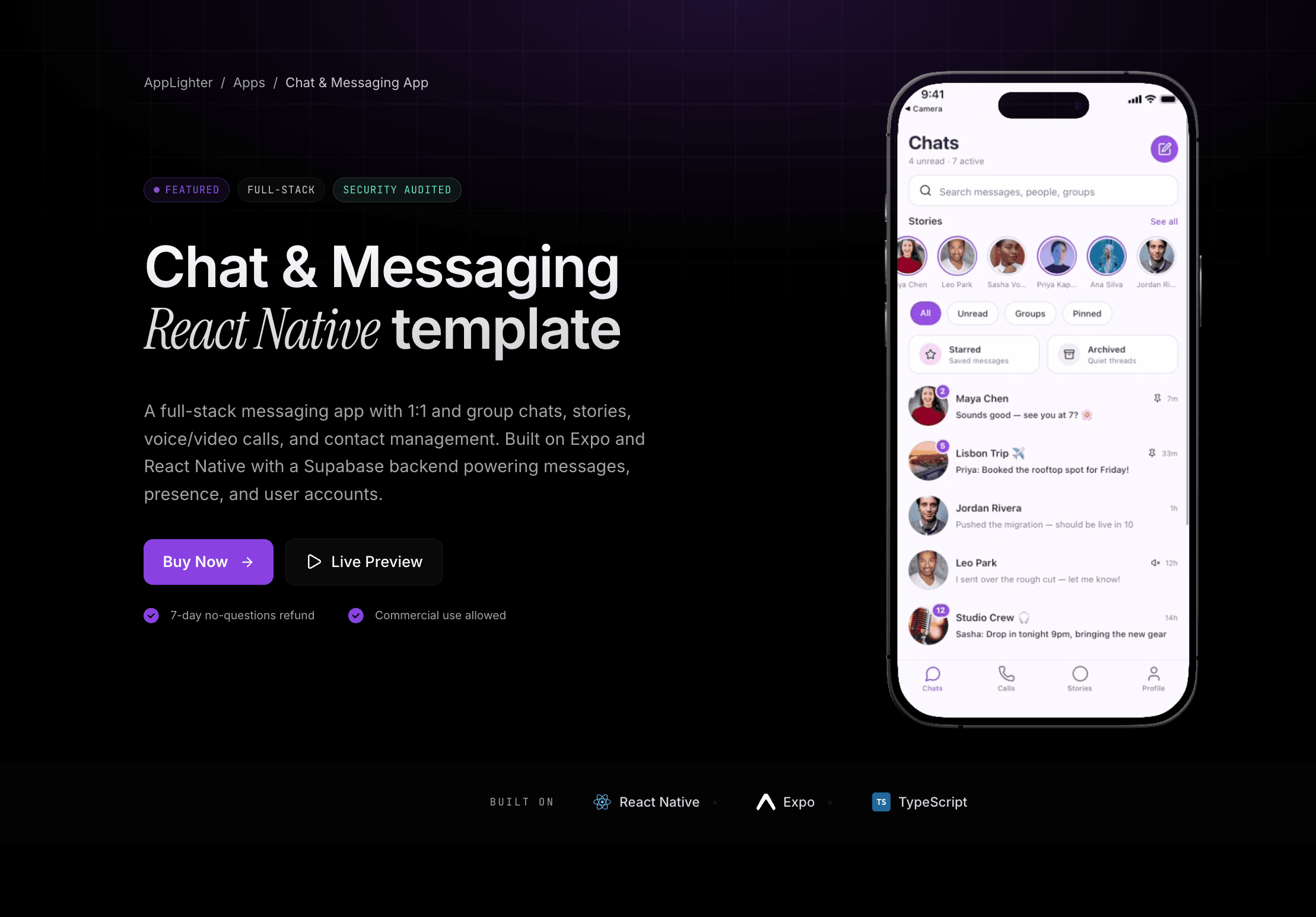 Chat & Messaging App — React Native app template preview