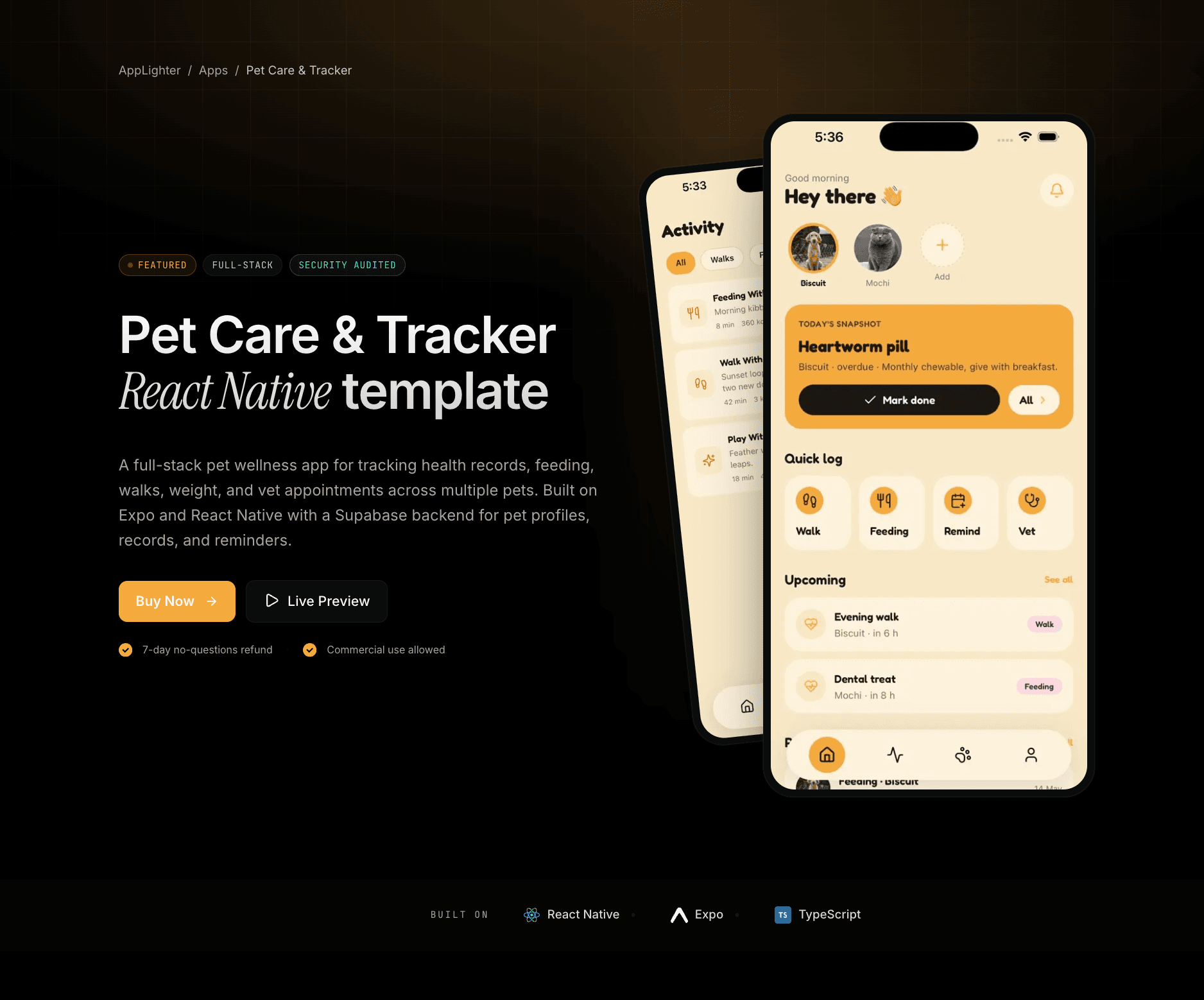 Pet Care & Tracker — React Native app template preview