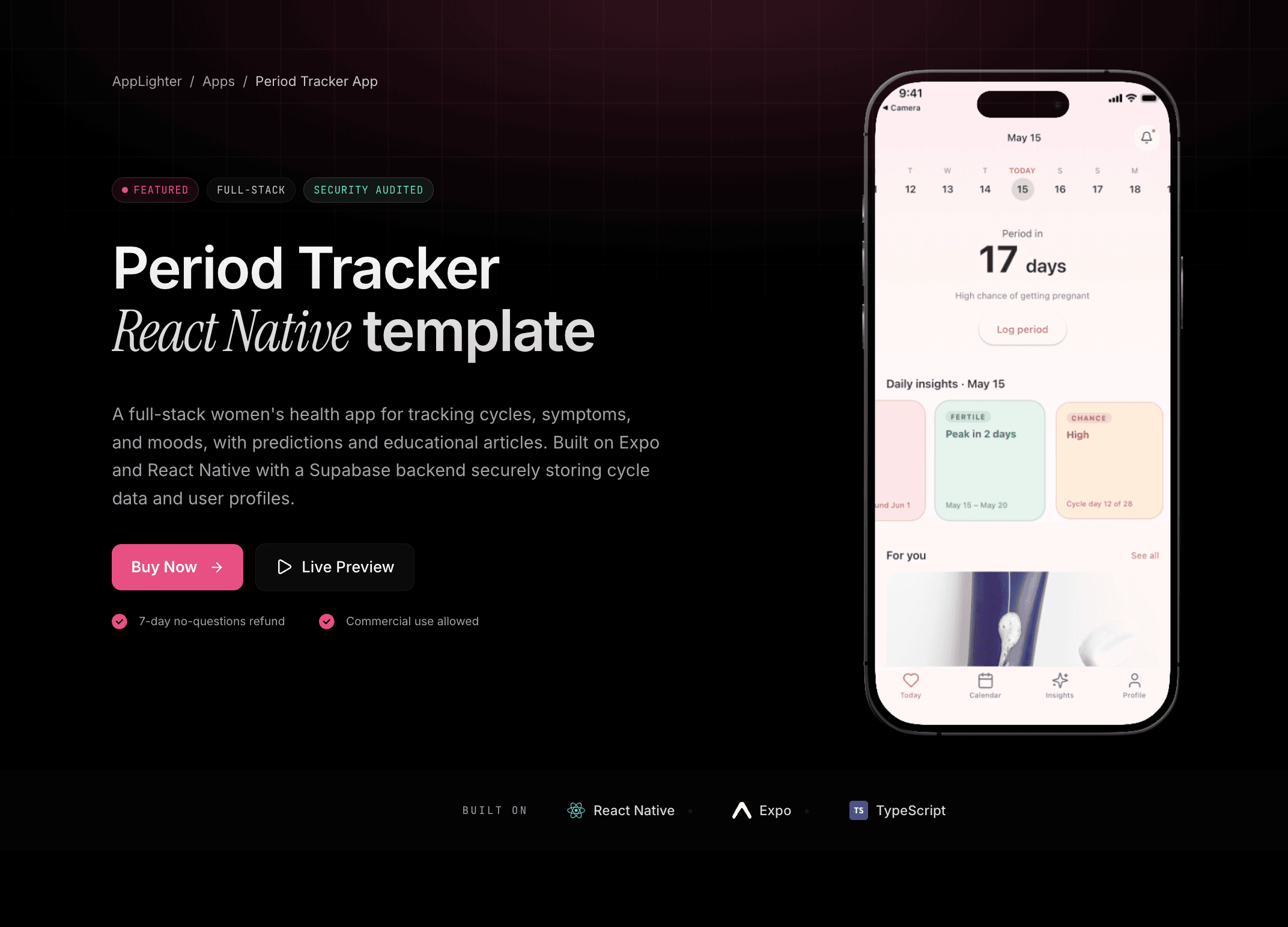 Period Tracker App — React Native app template preview