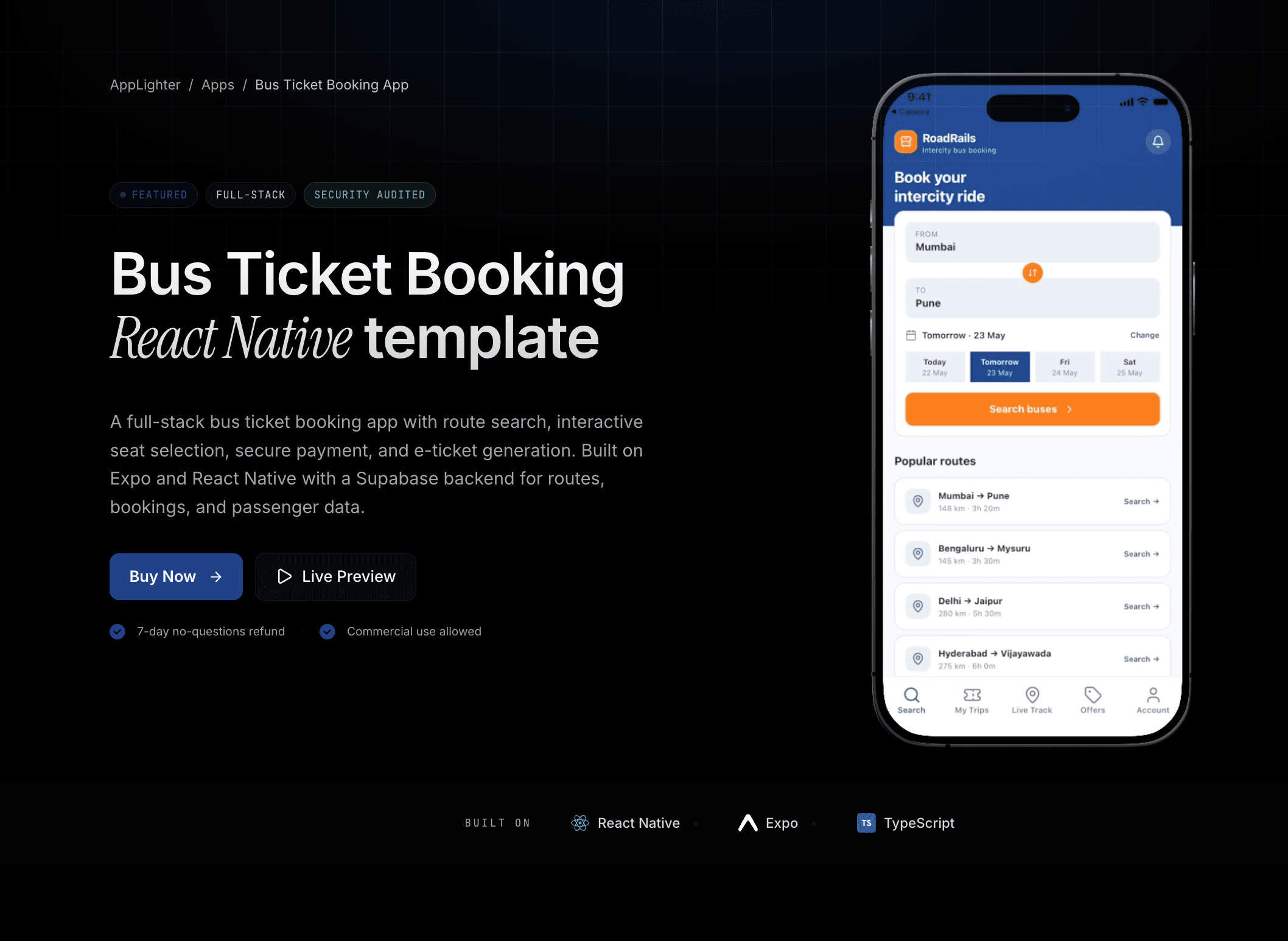 Bus Ticket Booking App — React Native app template preview